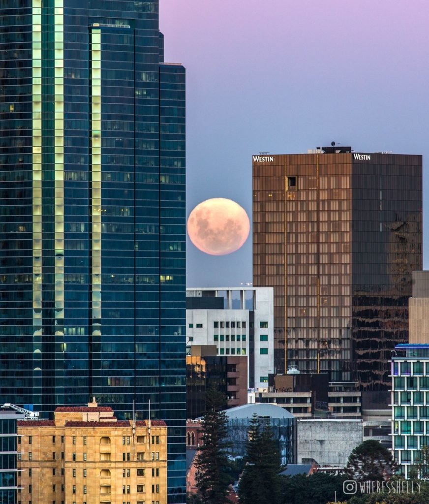 In Kings Park, Perth, the striking photo shows the Supermoon aligning perfectly between two buildings