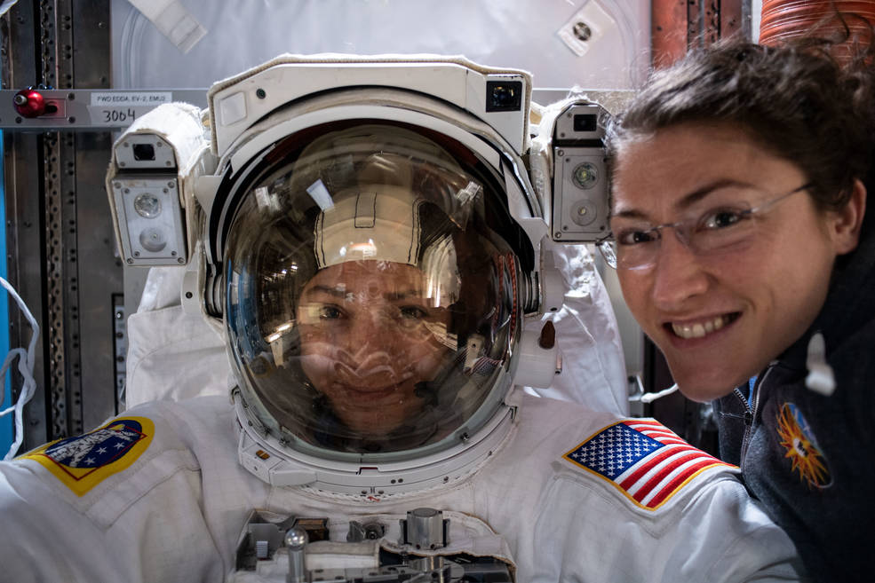 Astronauts Jessica Meir and Christina Koch preparing on the ISS for the first all-female spacewalk 