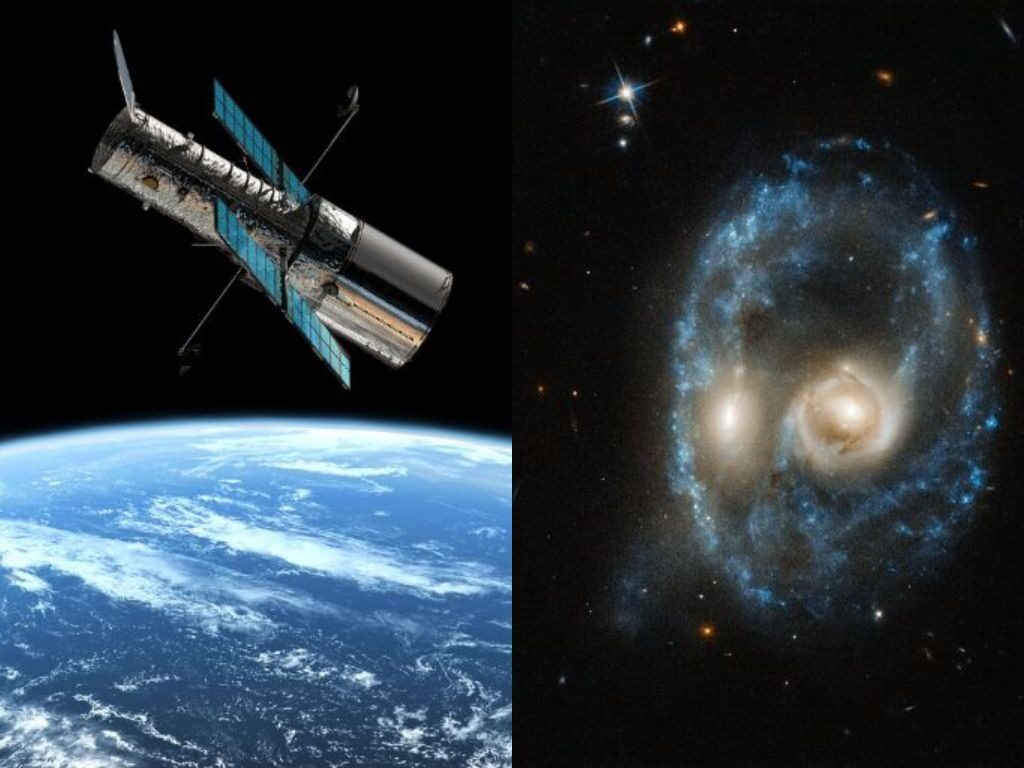 The image (R) captured by the Hubble Space Telescope (L) shows two “eyes” which are actually the cores of two colliding galaxies 