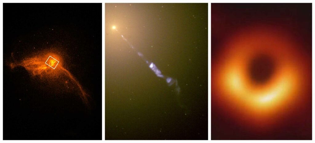 (L) A close-up image of the core of the M87 galaxy. (M) A jet of subatomic particles streaming from the center of M87*. (R) The first image of a black hole. (Credits NASA)