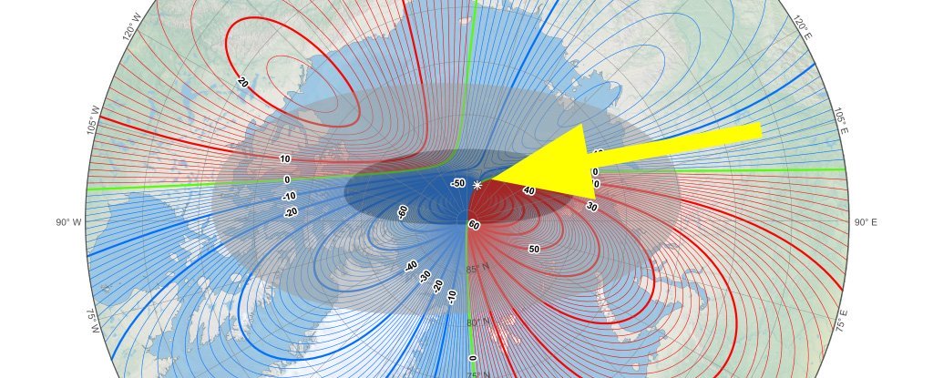 The magnetic north pole has moved on from the Canadian Arctic to Siberia  (NOAA NCEI/CIRES; ScienceAlert) 