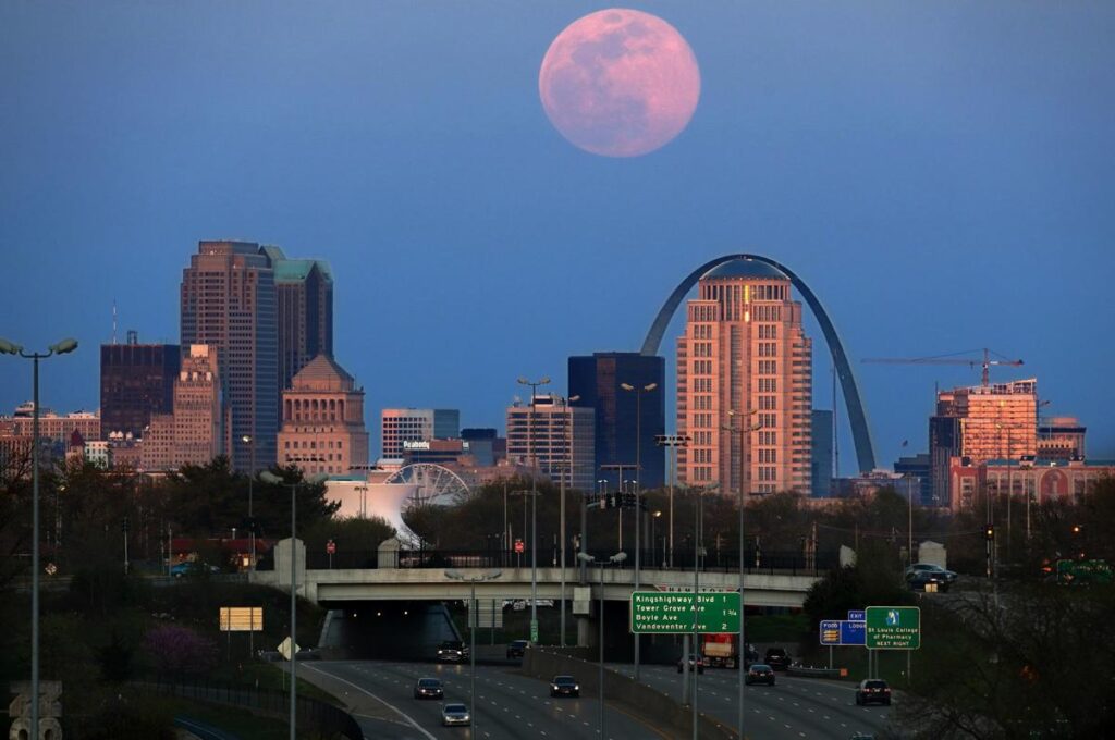 St. Louis
The pink supermoon rises over St. Louis on Tuesday, April 7, 2020