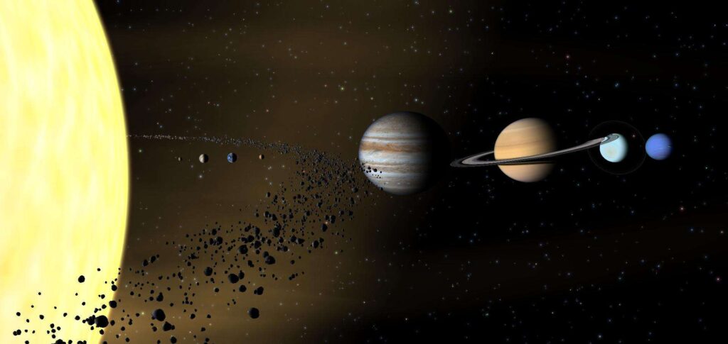 The asteroid belt lies between Mars and Jupiter.