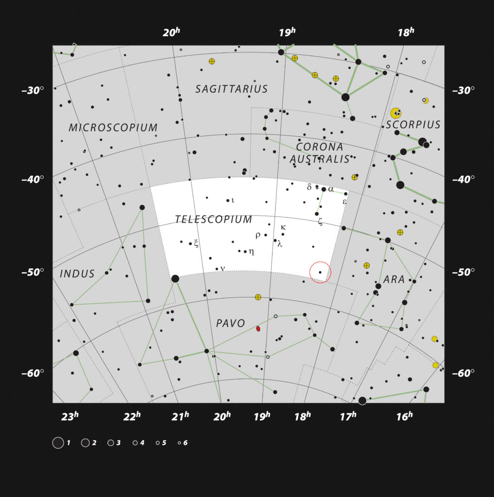 This chart shows the location of the HR 6819 triple system, which includes the closest black hole to Earth, in the constellation of Telescopium. Credit: ESO, IAU and Sky & Telescope.