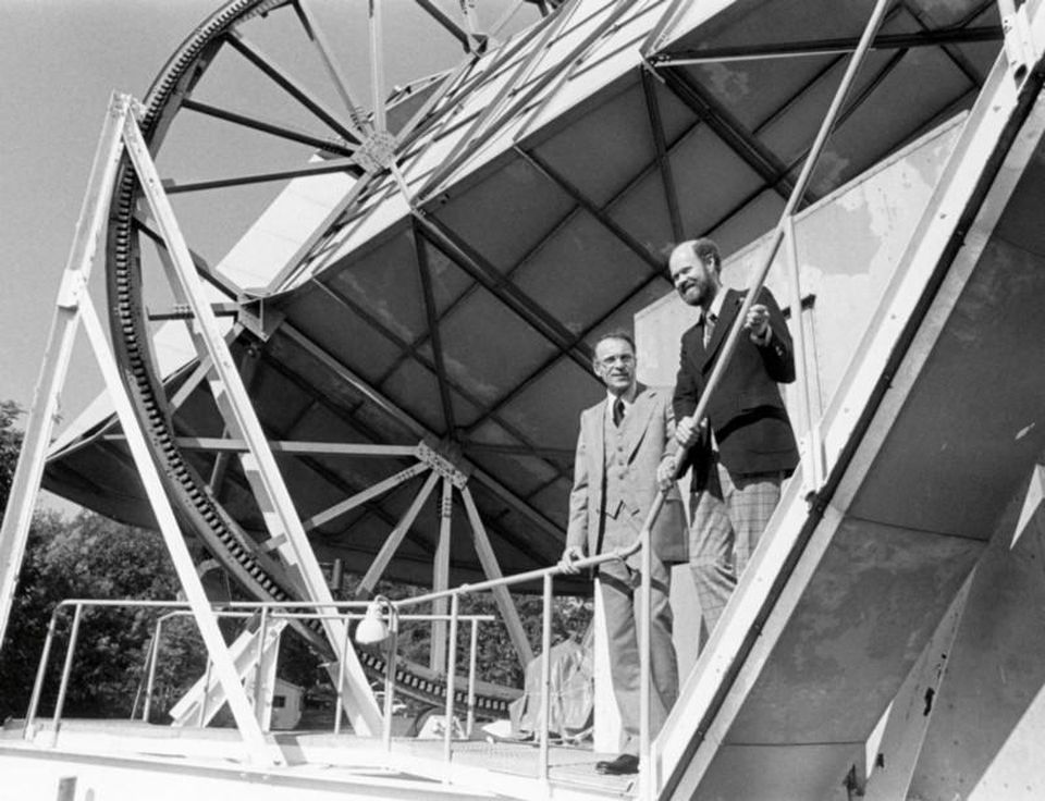 Penzias and Wilson stand at the 15 meter Holmdel Horn Antenna that brought their most notable discovery. Credits: ESA