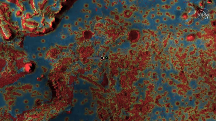 A composite CTX image of the NASA Perseverance landing ellipse, with the Terrain Relative Navigation data overlain on top. Yellow indicates bad and red worse. The spacecraft did an impeccable job of navigating the surface and finding the safe spot in the blue field amongst yellow and red. Credit: NASA