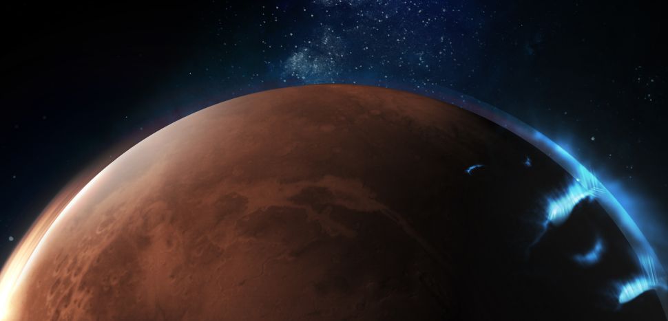 An artist's depiction of the discrete aurora on Mars. (Image credit: Emirates Mars Mission)