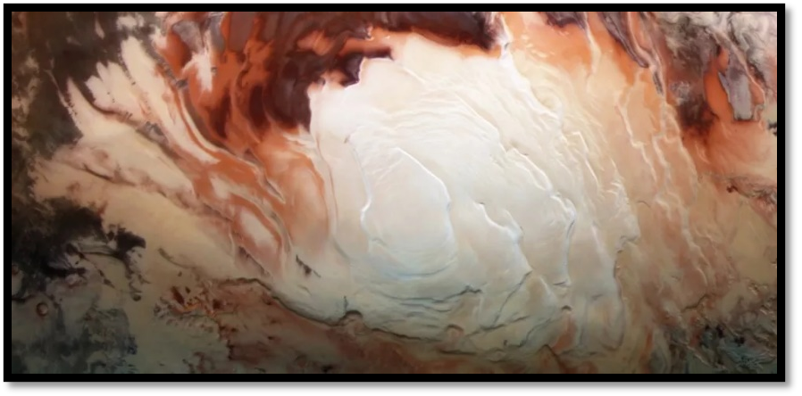 The white region is the icy cap that covers the south pole of Mars