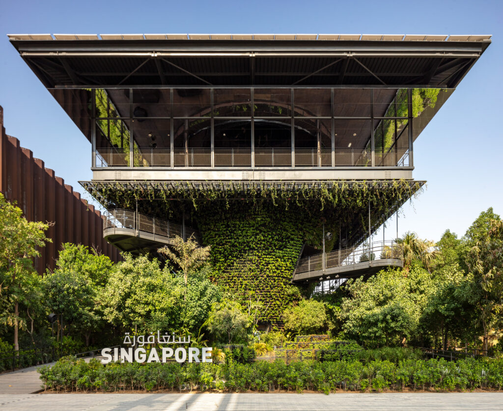 Singapore's multi-layered, three-story, 9-meter tall garden developed by “WOHA” architects operates on clean, renewable energy