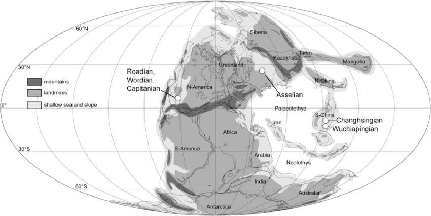 Map of the world during Permian time when the glacial rocks of Salt Range were deposited. Indian Plate can be seen near South Pole (Lucas et al. 2006)