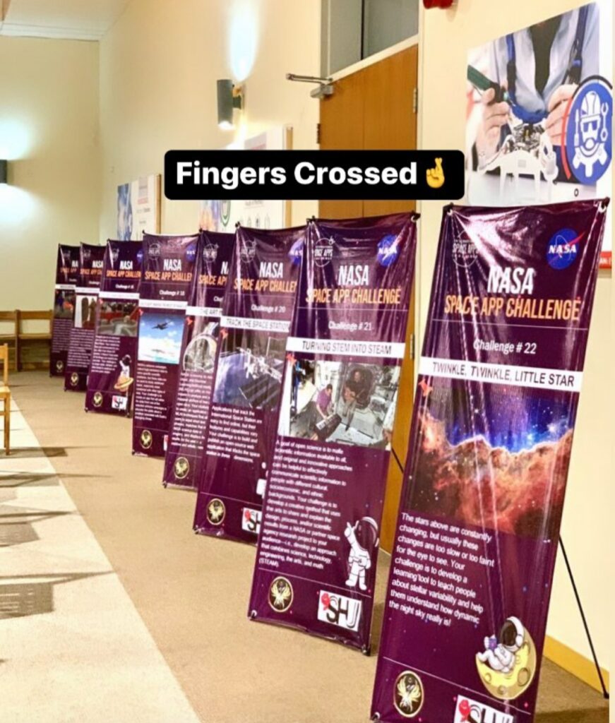 Image illustrating the banners of different challenges for participants at the NASA Space Apps Challenge at Salim Habib University (SHU). (Credits: Hammad)