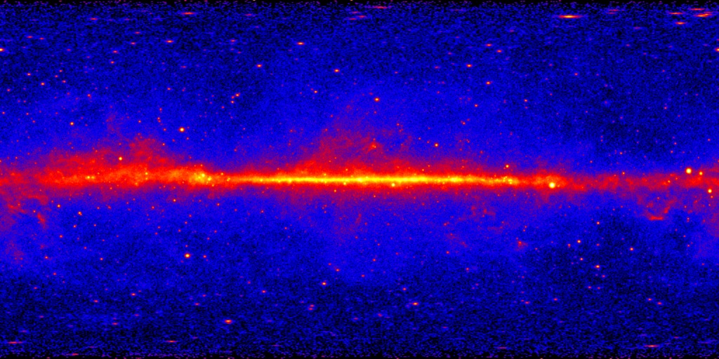 Image of the gamma-ray sky as measured by the Fermi telescope. Image credit: svs.gsfc.nasa.gov.