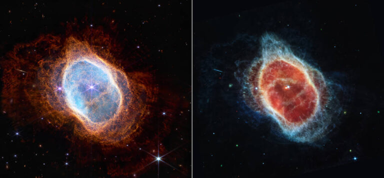  JWST image of the Southern Ring nebula in the near-infrared (left panel) and the mid-infrared (right panel). Image credit: nasa.gov.