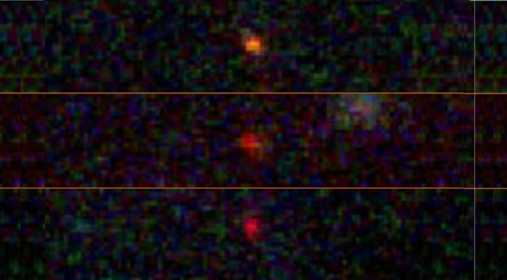 These three objects (JADES-GS-z13-0, JADES-GS-z12-0, and JADES-GS-z11-0) were initially identified as galaxies in December 2022 by the JWST Advanced Deep Extragalactic Survey (JADES). Now, a team including Katherine Freese at The University of Texas at Austin speculates they might actually be “dark stars,” theoretical objects much bigger and brighter than our sun, powered by particles of dark matter annihilating. Image credit: NASA/ESA.
